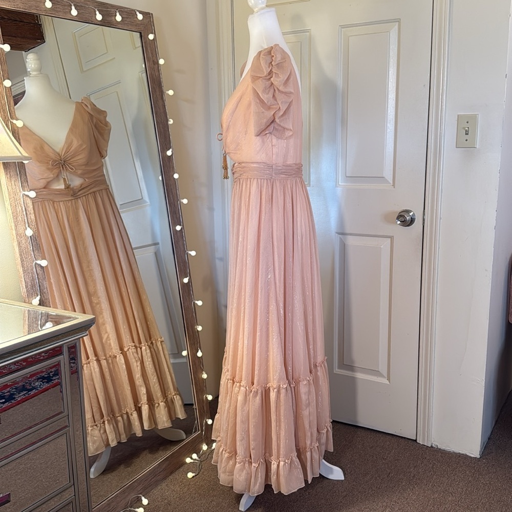 MAC DUGGAL
Pink Ruffle Tiered Metallic Ruched Shoulder Dress - Picture 9 of 15